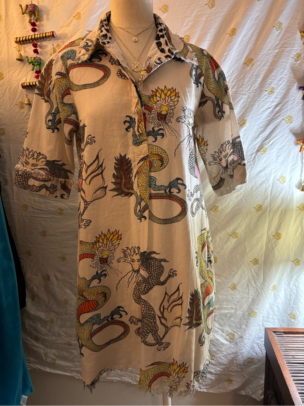 Beige Dragon Print Midi Shirt Dress